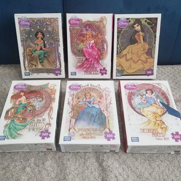Mega Other - Lot of 5 New Unopened Disney Princess Art Nouveau Puzzles+ 1 Free Bonus Puzzle!